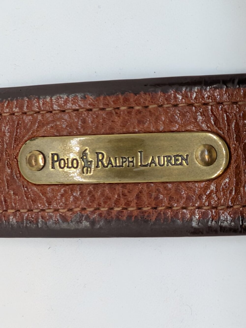 VTG Polo Ralph Lauren Belt Mens Size 36 Brown Leather Brass Buckle Stitched Logo